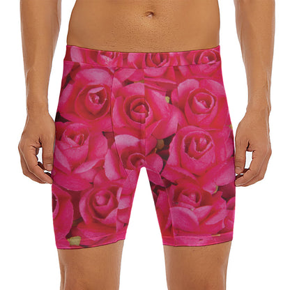 Hot Pink Rose Print Men's Long Boxer Briefs