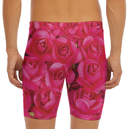 Hot Pink Rose Print Men's Long Boxer Briefs