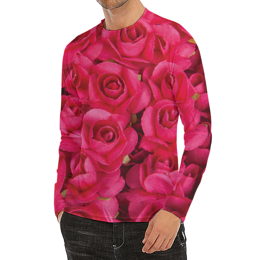 Hot Pink Rose Print Men's Long Sleeve Rash Guard