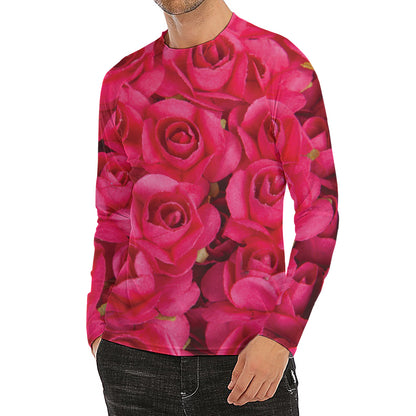 Hot Pink Rose Print Men's Long Sleeve Rash Guard
