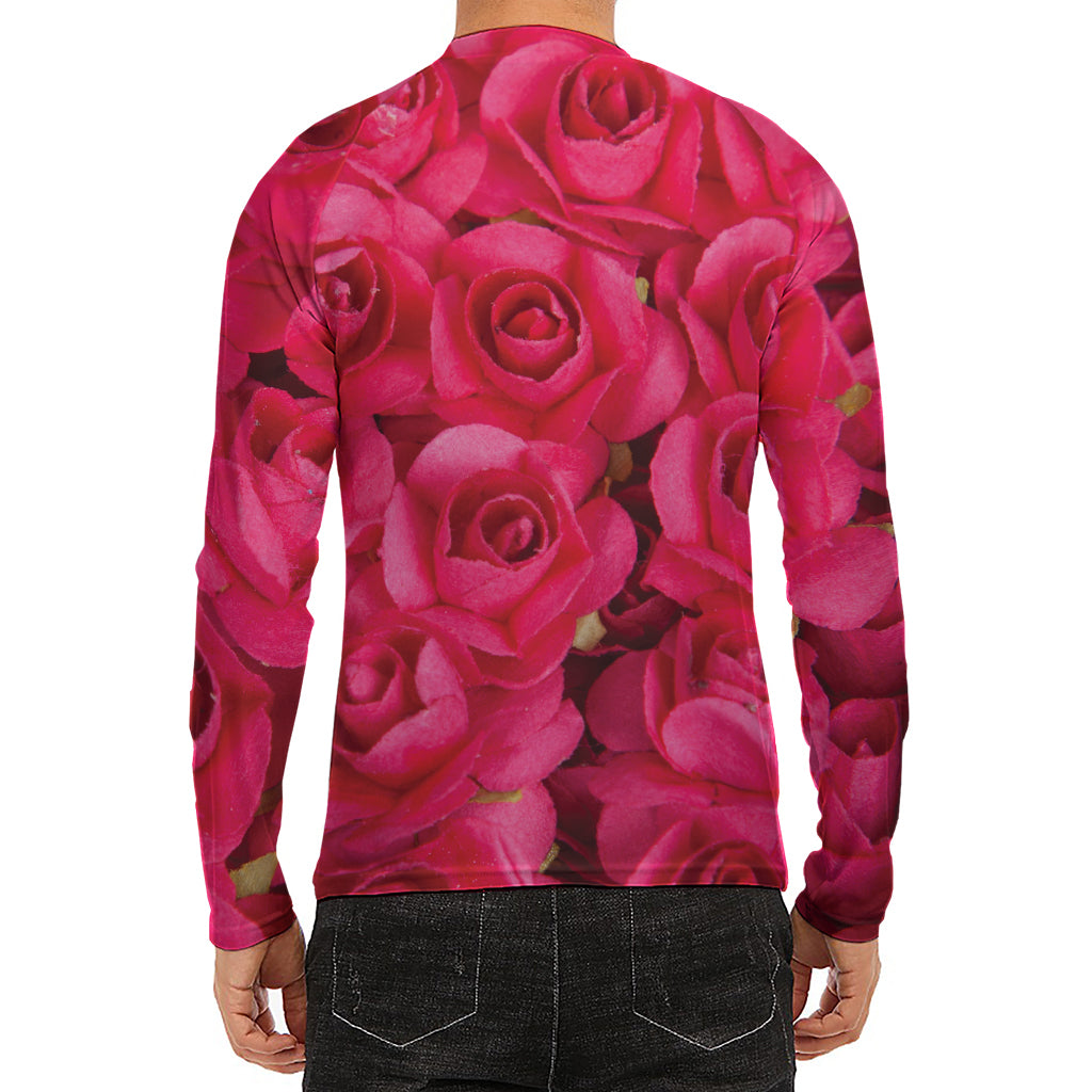 Hot Pink Rose Print Men's Long Sleeve Rash Guard