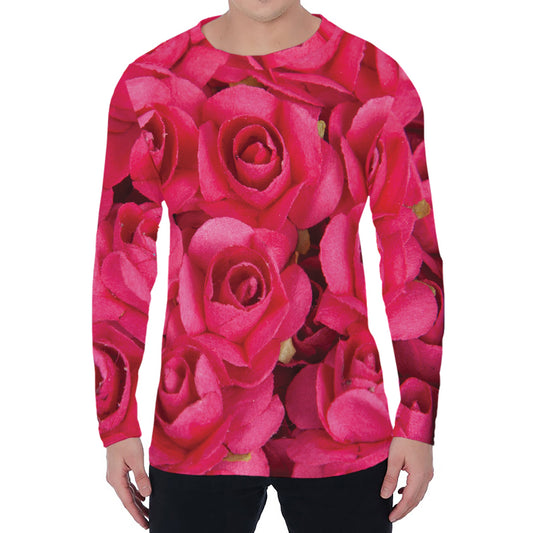 Hot Pink Rose Print Men's Long Sleeve T-Shirt