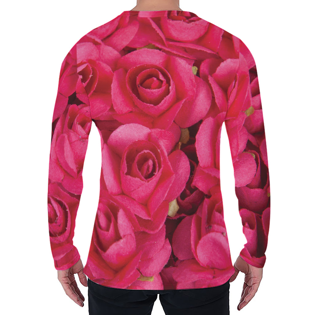 Hot Pink Rose Print Men's Long Sleeve T-Shirt