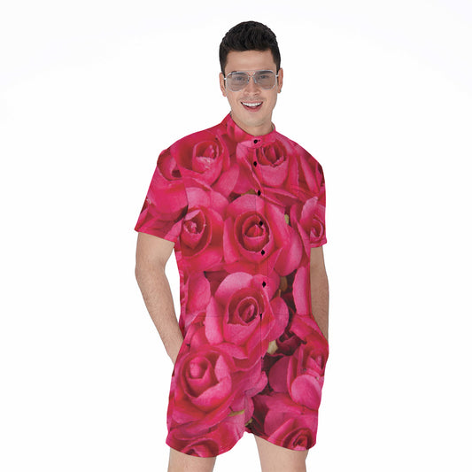 Hot Pink Rose Print Men's Rompers
