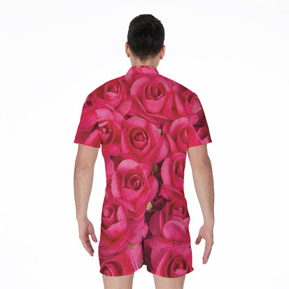 Hot Pink Rose Print Men's Rompers