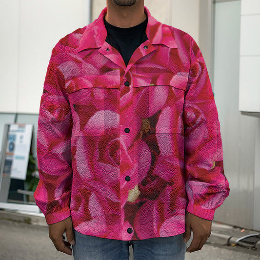 Hot Pink Rose Print Men's Shirt Jacket