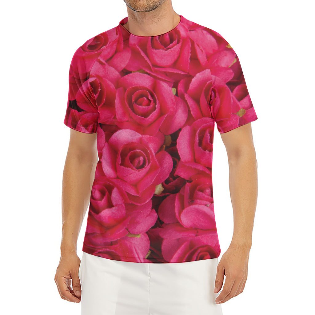 Hot Pink Rose Print Men's Short Sleeve Rash Guard