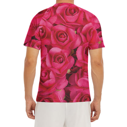 Hot Pink Rose Print Men's Short Sleeve Rash Guard
