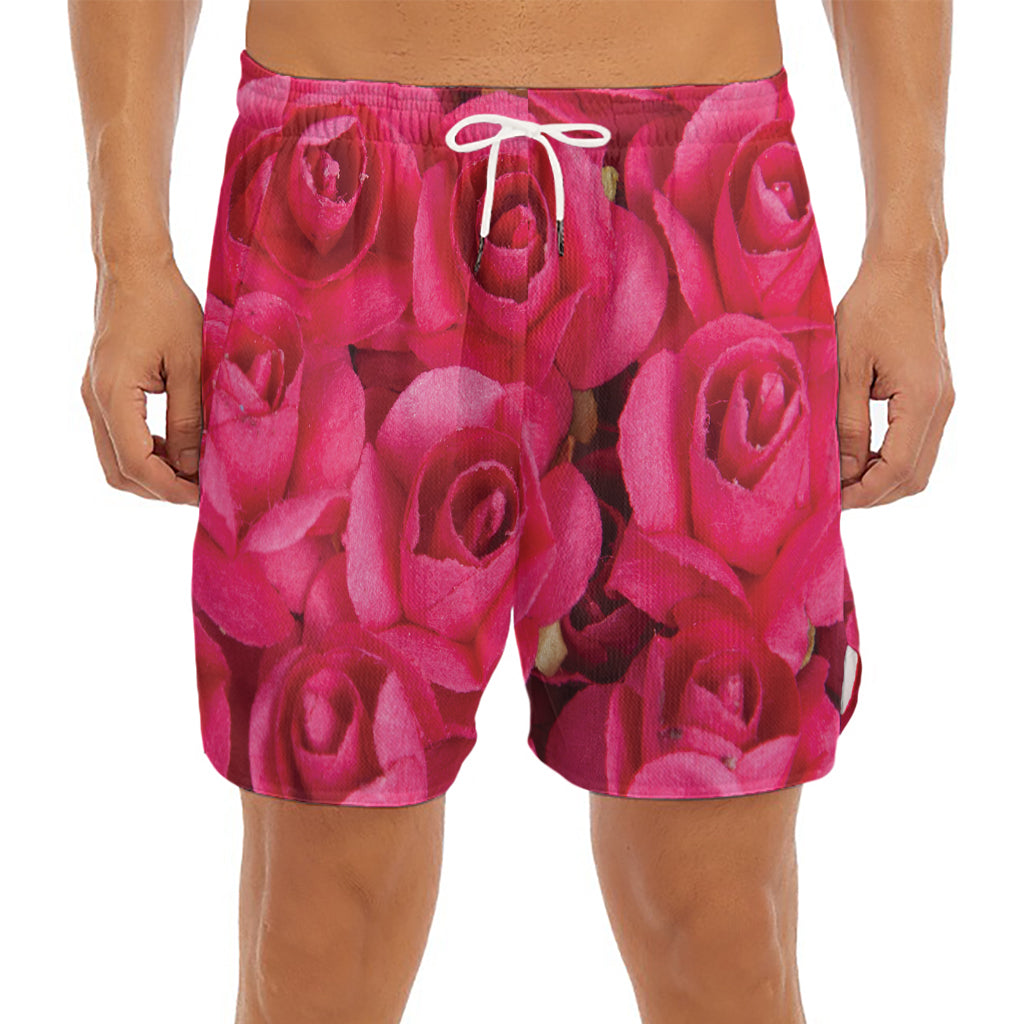 Hot Pink Rose Print Men's Split Running Shorts