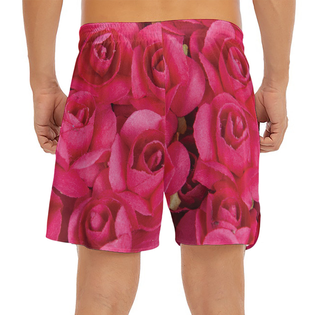 Hot Pink Rose Print Men's Split Running Shorts