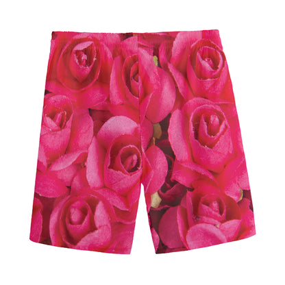 Hot Pink Rose Print Men's Sports Shorts