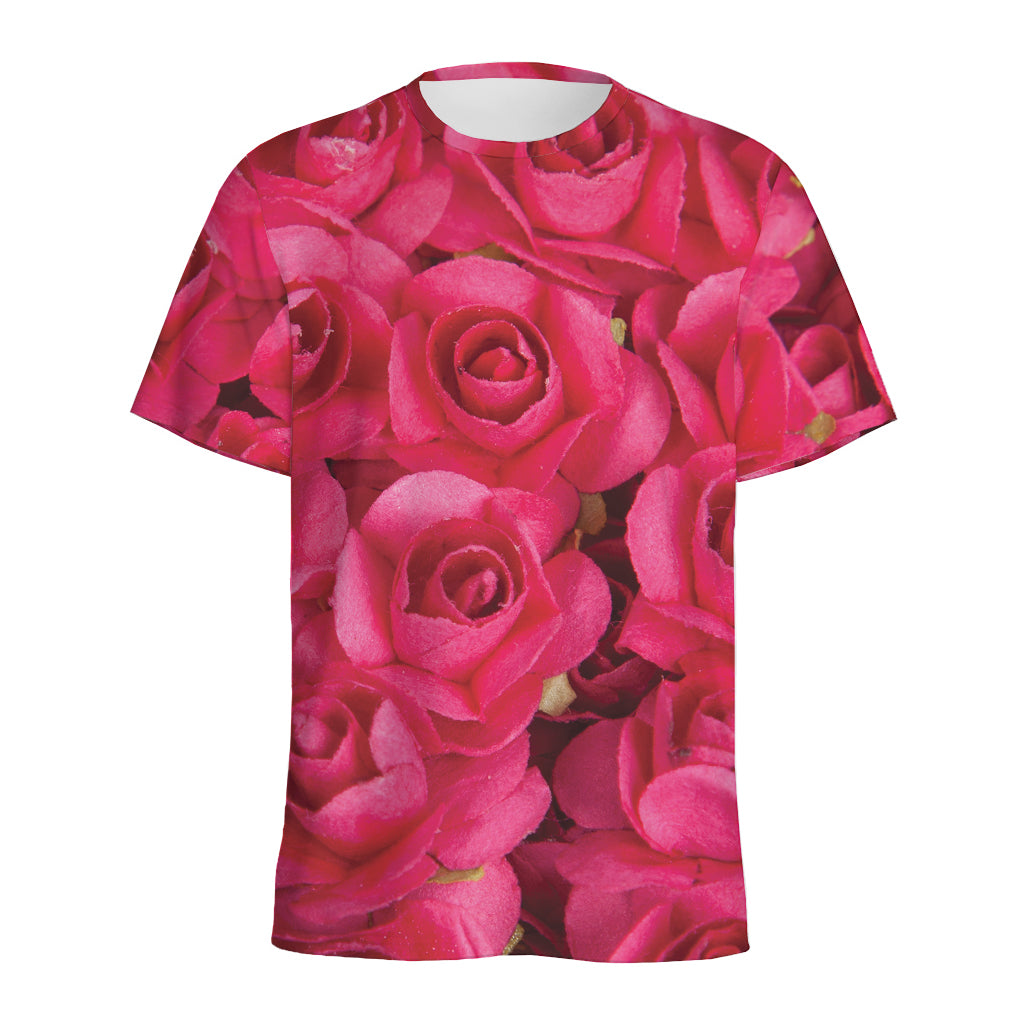 Hot Pink Rose Print Men's Sports T-Shirt