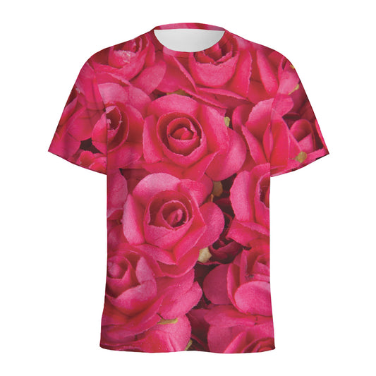 Hot Pink Rose Print Men's Sports T-Shirt