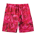 Hot Pink Rose Print Men's Swim Trunks