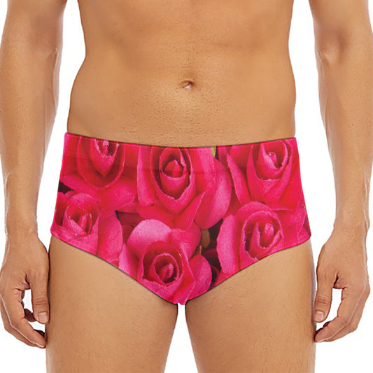 Hot Pink Rose Print Men's Triangle Swim Briefs