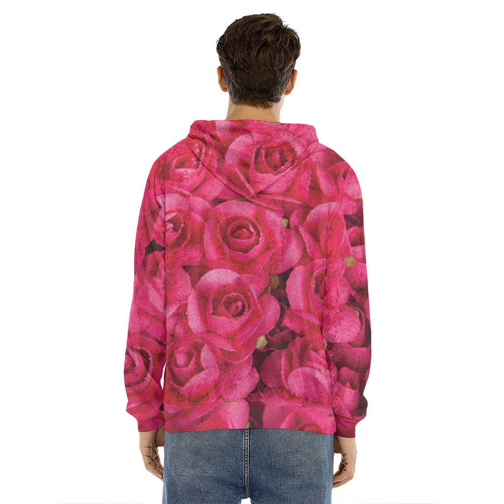 Hot Pink Rose Print Men's Velvet Pullover Hoodie
