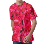Hot Pink Rose Print Men's Velvet T-Shirt