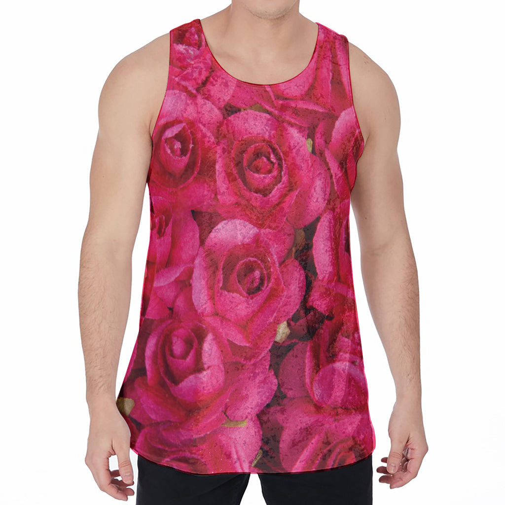 Hot Pink Rose Print Men's Velvet Tank Top
