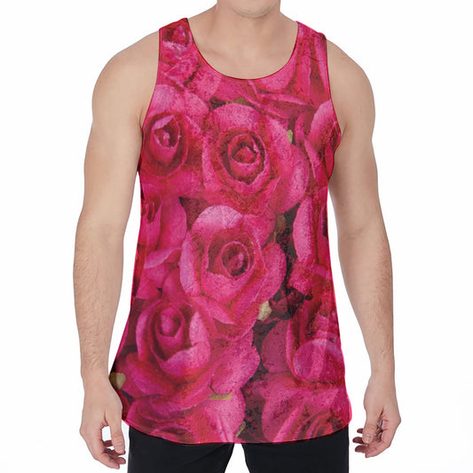 Hot Pink Rose Print Men's Velvet Tank Top
