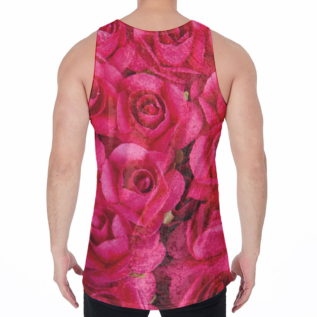 Hot Pink Rose Print Men's Velvet Tank Top