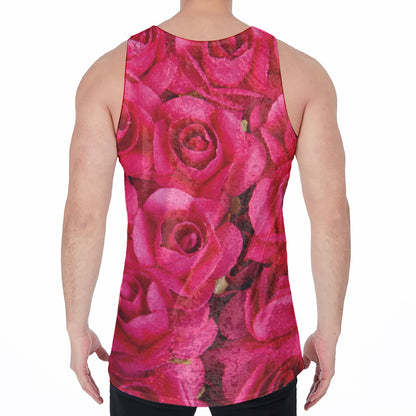 Hot Pink Rose Print Men's Velvet Tank Top