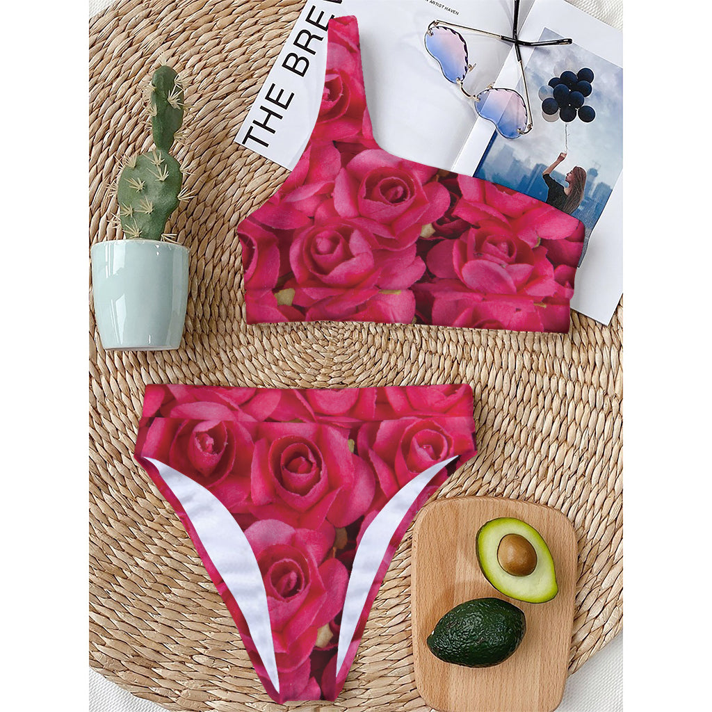 Hot Pink Rose Print One Shoulder Bikini Top