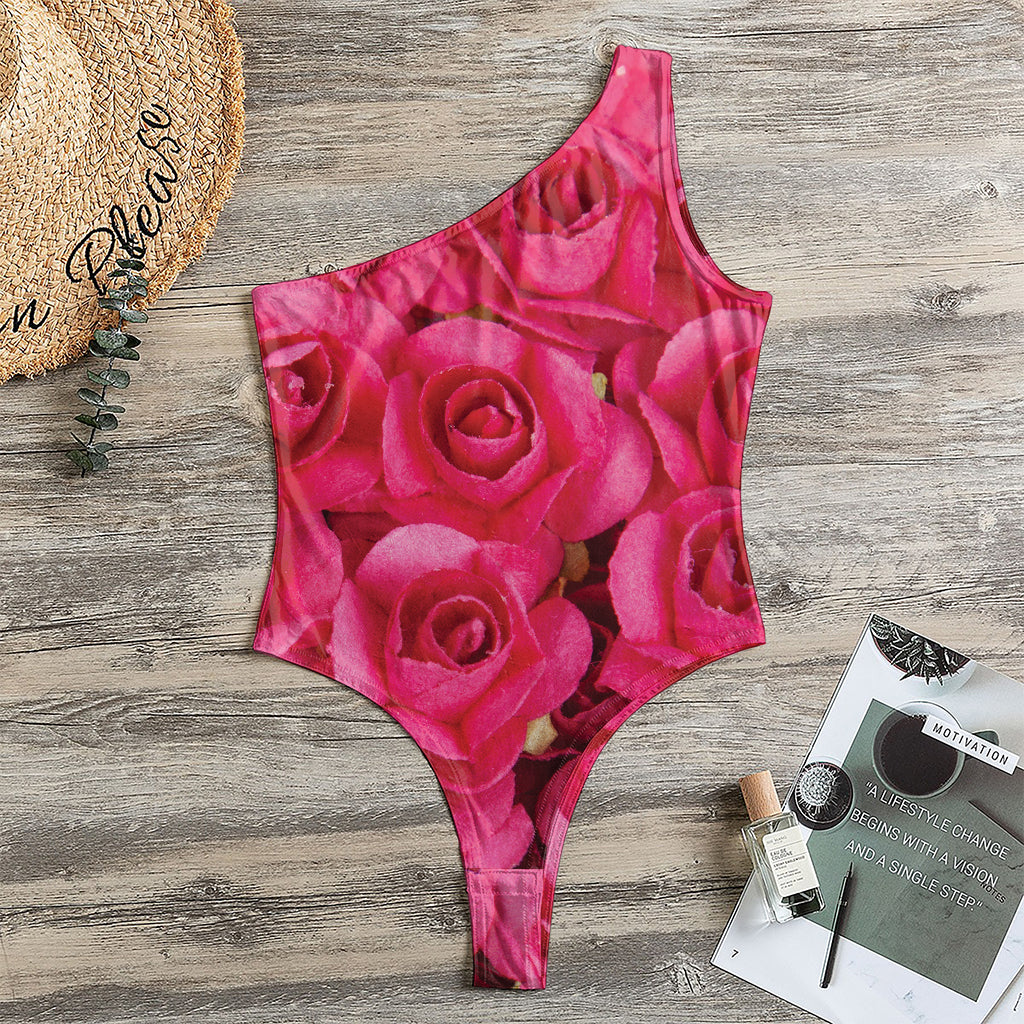 Hot Pink Rose Print One Shoulder Bodysuit