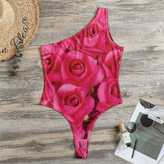 Hot Pink Rose Print One Shoulder Bodysuit