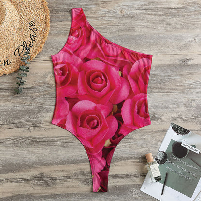 Hot Pink Rose Print One Shoulder Bodysuit