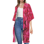Hot Pink Rose Print Open Front Beach Cover Up