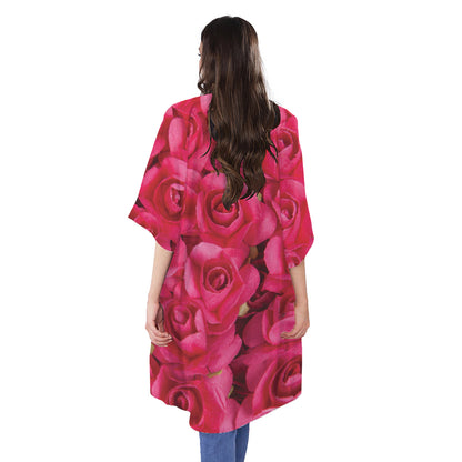 Hot Pink Rose Print Open Front Beach Cover Up