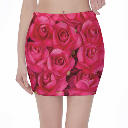 Hot Pink Rose Print Pencil Mini Skirt
