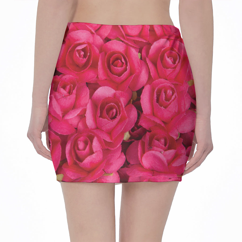 Hot Pink Rose Print Pencil Mini Skirt