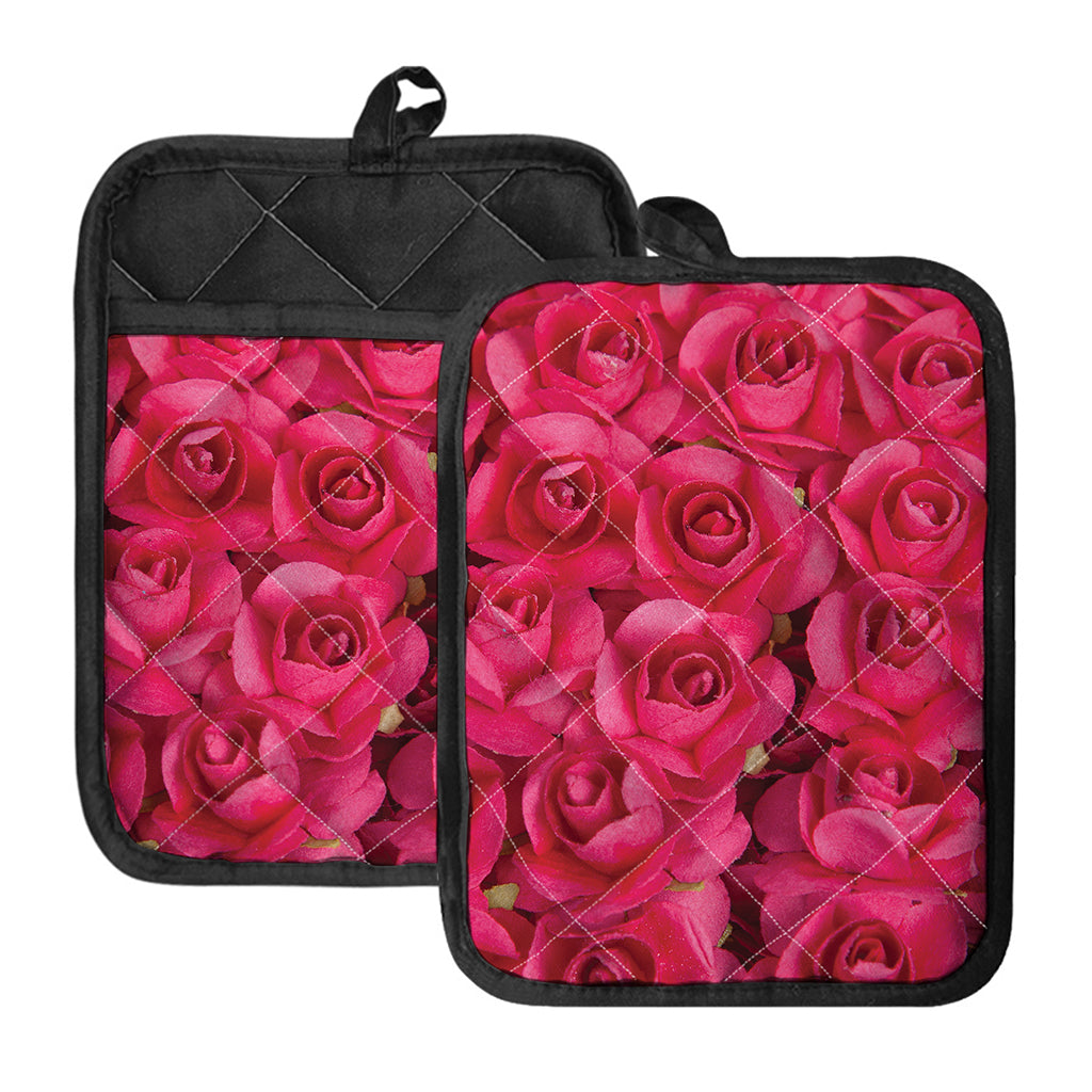 Hot Pink Rose Print Pot Holders With Pocket