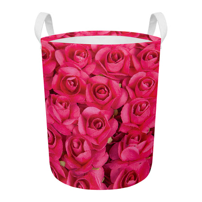 Hot Pink Rose Print Round Laundry Basket
