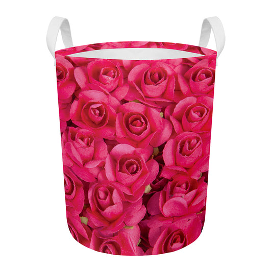 Hot Pink Rose Print Round Laundry Basket