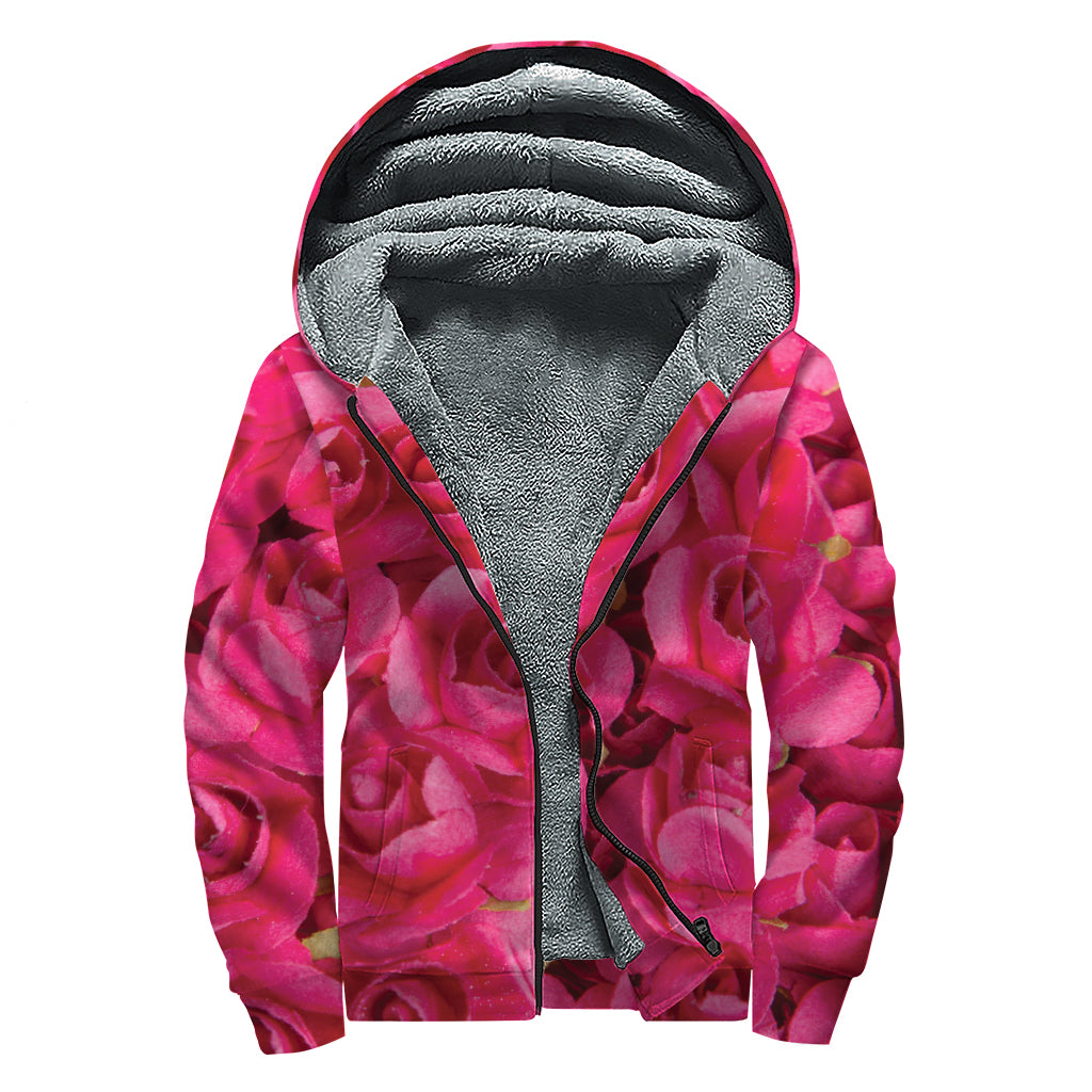 Hot Pink Rose Print Sherpa Lined Zip Up Hoodie