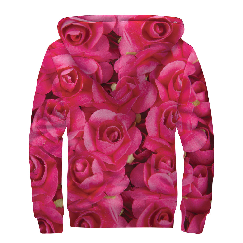 Hot Pink Rose Print Sherpa Lined Zip Up Hoodie
