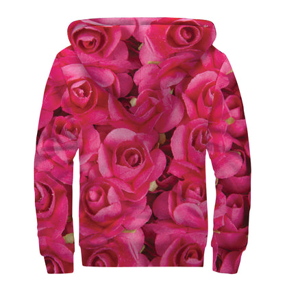 Hot Pink Rose Print Sherpa Lined Zip Up Hoodie