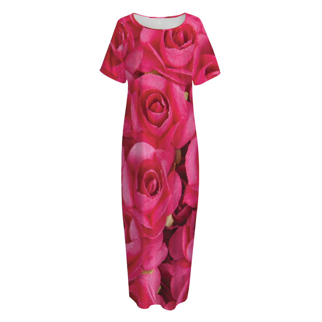 Hot Pink Rose Print Short Sleeve Long Nightdress