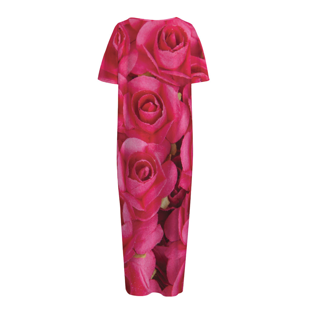 Hot Pink Rose Print Short Sleeve Long Nightdress