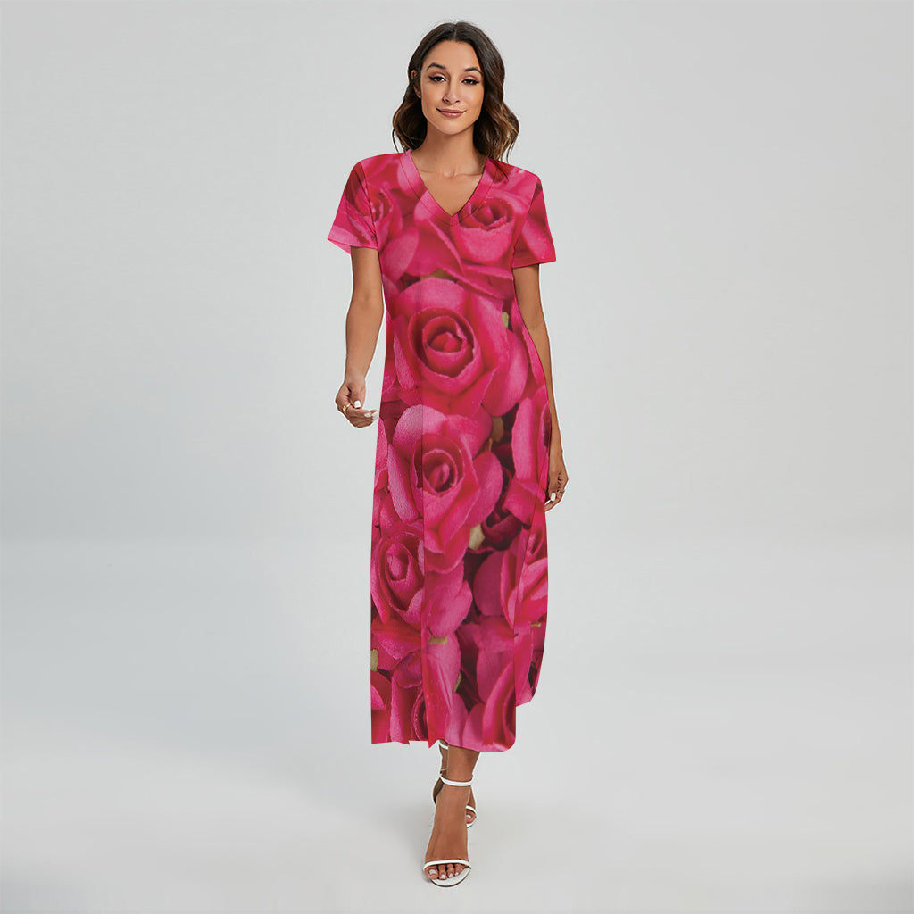 Hot Pink Rose Print Short Sleeve Maxi Dress