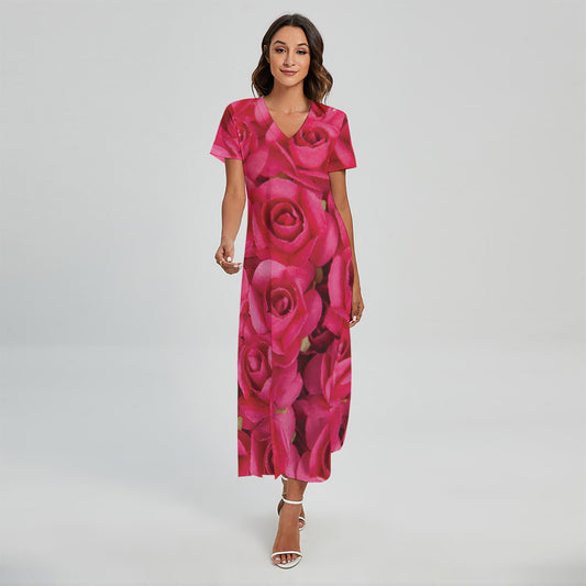 Hot Pink Rose Print Short Sleeve Maxi Dress