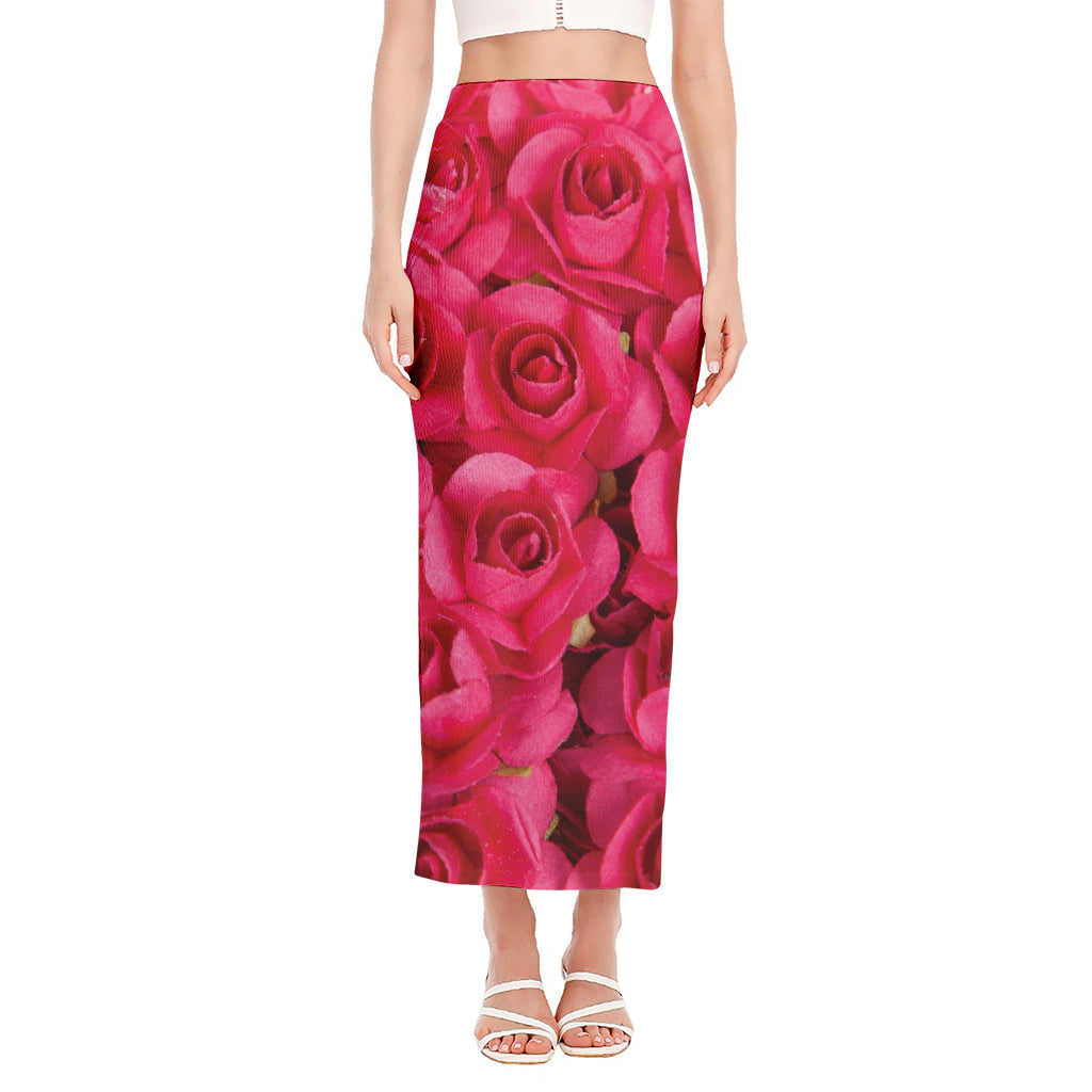 Hot Pink Rose Print Side Slit Maxi Skirt