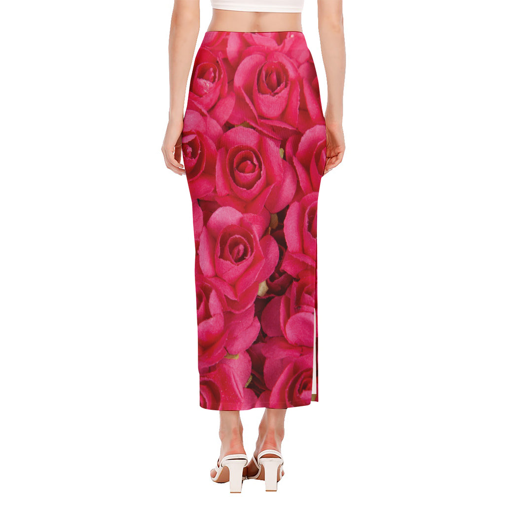 Hot Pink Rose Print Side Slit Maxi Skirt