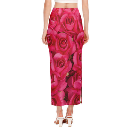 Hot Pink Rose Print Side Slit Maxi Skirt