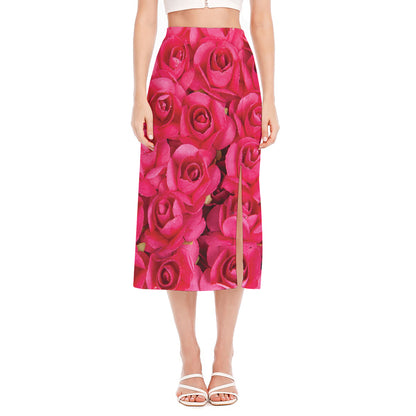 Hot Pink Rose Print Side Slit Midi Skirt