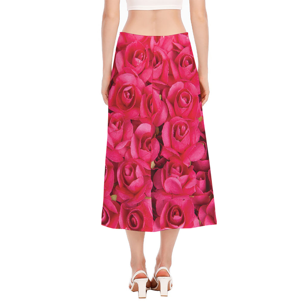 Hot Pink Rose Print Side Slit Midi Skirt