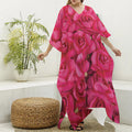 Hot Pink Rose Print Silk V-Neck Kaftan Dress