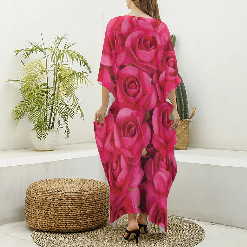 Hot Pink Rose Print Silk V-Neck Kaftan Dress